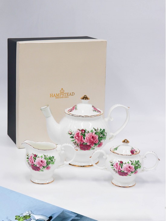 Porcelain Roses Tea Pot, Cream and Sugar Set